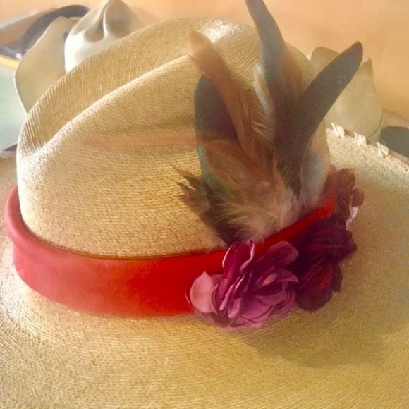Vintage style cowgirl summer riding hat red suede wild bird chamois laced main image 5